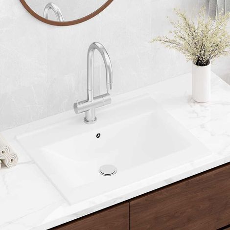 Vasque à poser rectangulaire en céramique blanche 60x46 cm - Lavabo de salle de bain design moderne, trou vidange 4,5 cm (1/5)