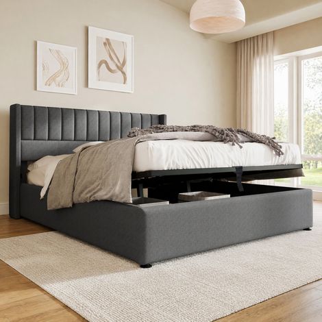 Lit coffre double 160 x 200 cm capitonné en lin gris avec tête de lit rembourrée et sommier relevable (1/5)