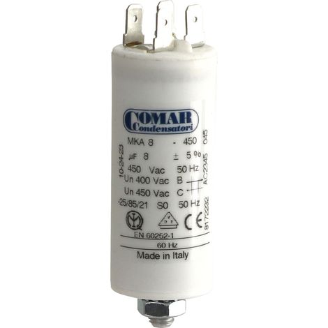 Condensateur moteur COMAR, 8µF, 450V, connecteur à cosse plate