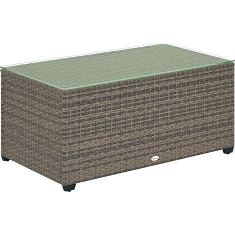 Table basse de jardin, table d'appoint en résine tressée avec plateau en verre trempé, 90 x 50 x 38 cm, gris foncé