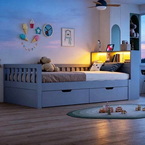 Cama de madera multifuncional de 90 × 200 cm, con cajones, estante y compartimentos de almacenamiento, equipada con enchufe e iluminación LED, barandilla de seguridad, cama individual, gris. (1/5)