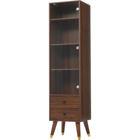 Vitrine moderne avec porte en verre, étagères réglables et 2 tiroirs en finition noyer (1/5)