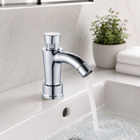 Robinet temporisé à pression eau froide, corps en laiton massif, finition chromée, 170mm, avec aérateur anti-éclaboussures pour sanitaires publics (1/5)