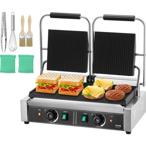 VEVOR Sandwichera Piadine Comercial 3600W Sandwichera Electrica Doble para Panini en Acero Inoxidable, Temperatura Controlada, Placa Esmaltada Ranurada, Aprox. 50°C a 300°C Doble Grill (1/5)