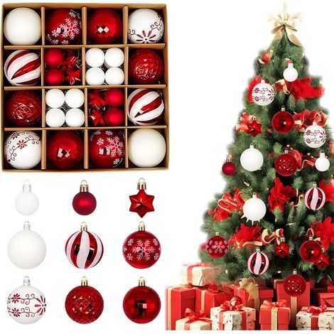 Lot de 44 boules de Noël - Décoration de sapin de Noël - Boules de Noël - Boules de Noël - Boules de Noël - Boules de Noël (rouge et blanc) (1/5)