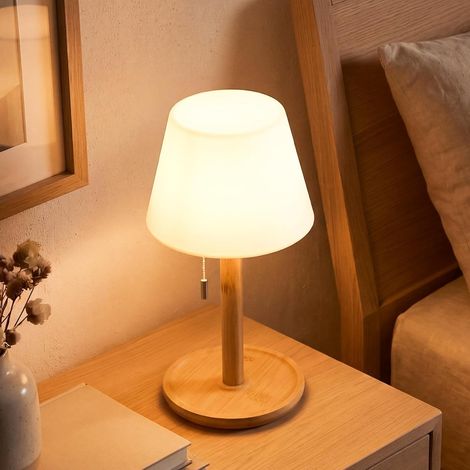 Lampe de Table LED Sans Fil–Rechargeable Lampe de Chevet bambou Scandinave Bohème avec Interrupteur à Tirette, Éclairage Ambiant Étanche pour Chambre, Salon,Patio et Extérieur-BAMO TL10 (1/5)