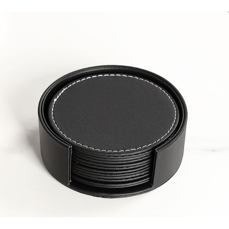 Lot de 6 Dessous de Verre en Cuir avec Support (Noir) (1/5)