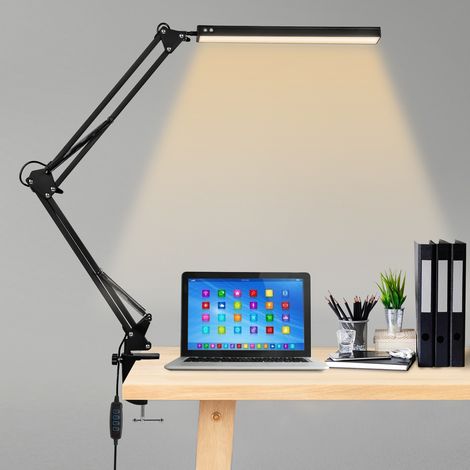 Jiubiaz Lámpara de escritorio LED 10 W con pinza, 80 LED, 3 temperaturas de color, 10 niveles de brillo, brazo articulado regulable, USB, negra (1/5)