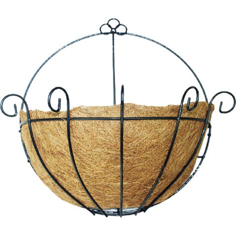 Pot de fleurs suspendu avec cadre en fer forgé - chaînes détachables et garniture fibre de coco éco-friendly - Noir - 30cm (1/4)