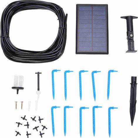 Ortviai Arrosage goutte à goutte solaire pour 10 plantes en pot – 6 modes programmables, débit 400 ml/min, câble 10 m, noir (1/5)