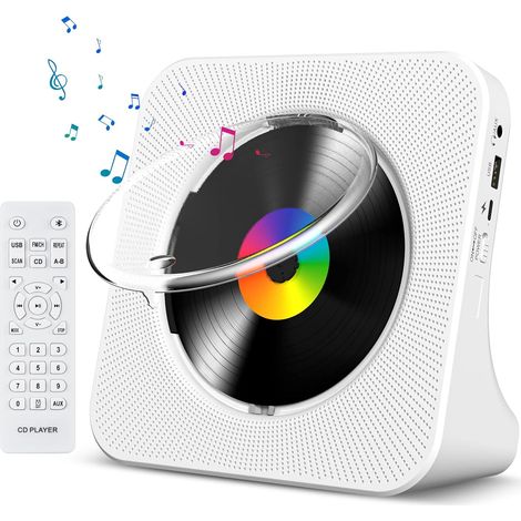Desktop CD Player with Bluetooth Wall Mounted HiFi Speakers Built-in Portable with LED Display Home Audio Boombox FM Radio USB Type-C MP3 Music Player (White) (1/5)