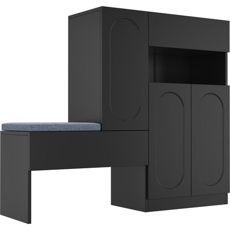 Scarpiera 2 in 1 nera con seduta imbottita 130x35x110 cm, ante a ribalta e chiusura soft-close (1/5)