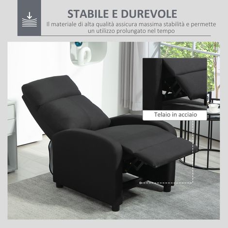 Fauteuil inclinable 135° en lin noir, avec repose-pieds rétractable, dimensions 69x87x100.5 cm, dossier ajustable pour relaxation. (1/5)