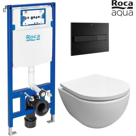 Bastidor empotrado ROCA Duplo cisterna empotrada y pulsador PL7 negro mate con inodoro suspendido SWISS blanco brillo Soft-Close (1/5)