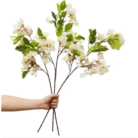 Lot de 3 fleurs artificielles en soie avec tiges - Bougainvilliers à longue tige pour maison, mariage, centre de table, décoration de table (blanc) (1/5)
