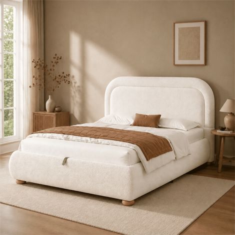 Lit Coffre Hydraulique Rembourré 160x200 cm avec Grand Rangement, Sommier à Lattes, Tête de Lit Arrondie, Bouclé Blanc (1/5)