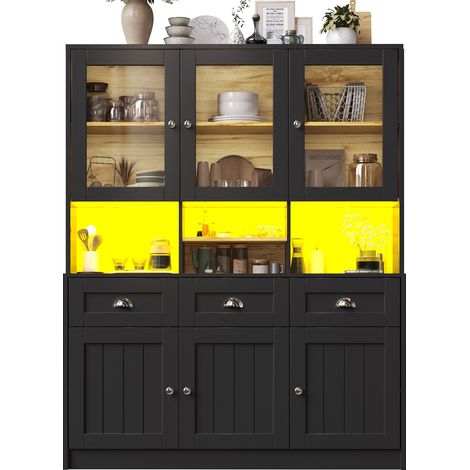 Armoire de cuisine (140×40×175 cm), armoire haute, buffet de cuisine, meuble vitrine, buffet avec étagères réglables, meuble bas avec éclairage LED, couleurs de lumière variables, blanc/noir (1/5)