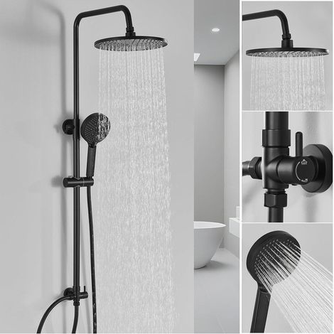 Auralum Max Regendusche ohne Armatur, Schwarz Duscharmatur mit Ø 250 mm Runder Regendusche, 4 Strahlarten Duschkopf und Höhenverstellbarer Duschstange (1/5)