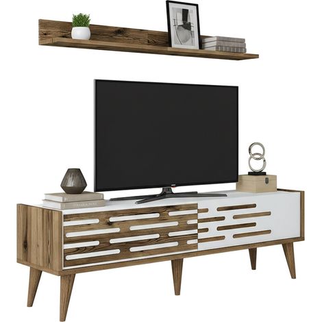 Dmora - Fernsehschrank Daanesta, Ständer für Wohnzimmerfernseher, Niedriges Wohnzimmer-Sideboard, TV-Ständerbasis, 140x45h35 cm, Walnuss und Weiß