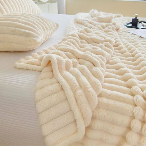 Couverture / couvre-lit - Design à rayures - Microfibre 330 g/m² - 150 x 200 cm - Beige (1/5)