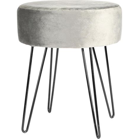 Tabouret rond repose-pieds en velours gris et noir, H40 x D35 cm, piètement métallique (1/5)
