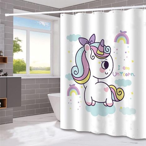 Rideau de douche imperméable 180 x 180 cm avec crochets (licorne), haute qualité, anti-moisissure, facile à nettoyer, jolis imprimés (1/5)