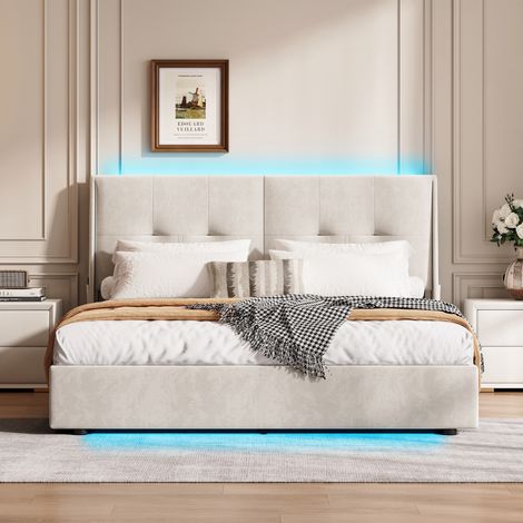 Polsterbett 160 x 200 cm mit Bettkasten, RGB-LED, Lattenrost und Seitentaschen, Samt, Beige