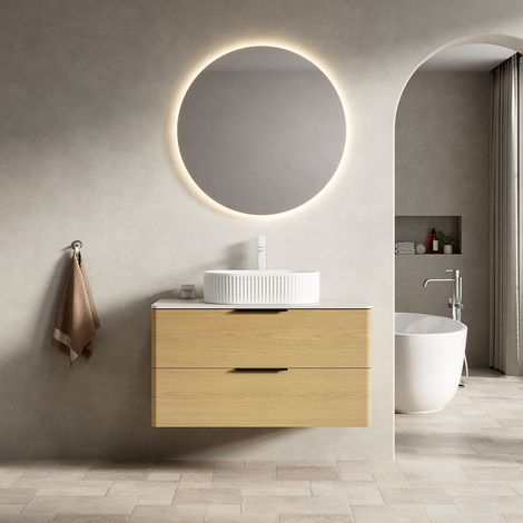 90cm Schwebender Badezimmer-Waschtisch mit Weißem Ovalem Waschbecken, Travertin-Sintersteinplatte, Gebogene Kanten Sperrholzschrank mit 2 Schubladen, Corolla Eiche Holzmaserung Farb