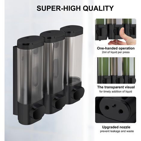 Set di 3 dispenser di sapone da parete, non richiede fori, erogazione uniforme, a prova di perdite, adatti per shampoo, bagnoschiuma, sapone liquido, balsamo, nero (1/4)