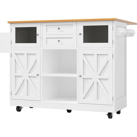 Isola da cucina con piano ribaltabile bianca in MDF e metallo, 140 x 40 x 93,5 cm, HOMVRA