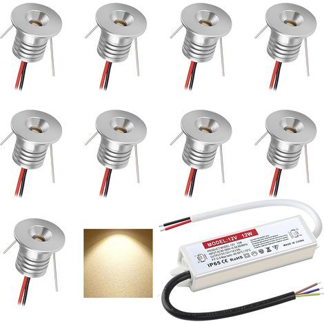 Set of 9 Recessed LED Spotlights, 12V 1W IP65, 16mm Hole, Aluminum, Kitchen, Staircase, Cupboard (1/5)