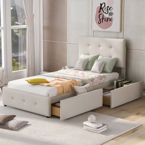 Lit 90x200 cm avec Sommier à Lattes, Lit Enfant 1 Place en Velours avec 2 Tiroirs de Rangement, Tête de Lit Rembourrée, Cadre de Lit Moderne Blanc (1/5)