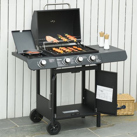 Barbecue a gas con 3 bruciatori principali + 1 bruciatore laterale, ripiano portaoggetti, acciaio inox, nero, 110 x 50 x 100 cm