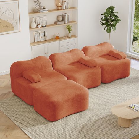 Canapé d’angle modulable 3 places 288 x 167 x 70 cm - Velours orange - Pouf, forme vague, mousse 32D (1/5)