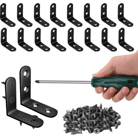 Set of 80 right-angle corner brackets, 16 L brackets with 64 screws, heavy-duty 90-degree steel corner brackets for shelves, cabinets, furniture, black (1/5)