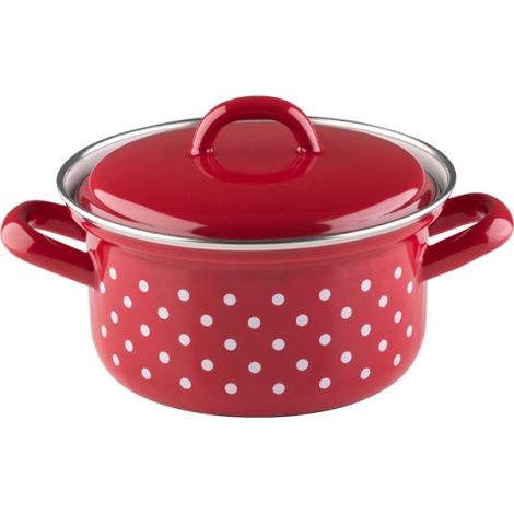 Riess Kasserolle mit Deckel Ø12cm 0,5L Pünktchen Rot Emaille