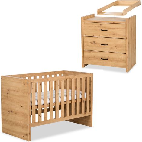 Monmobilierdesign – Chambre bébé complète avec lit évolutif 120x60 cm et commode à langer – MDF chêne naturel – 3 tiroirs sur rails – Fabrication européenne