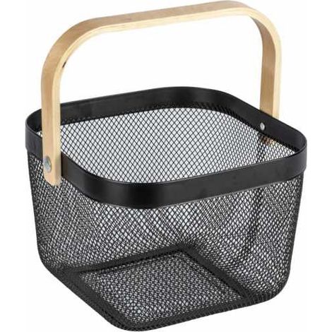 WENKO Cestino Bambusa, cestino portatutto in metallo con manico in legno di bambù, acciaio - bambù, 25x17x25 cm, nero/legno (1/4)