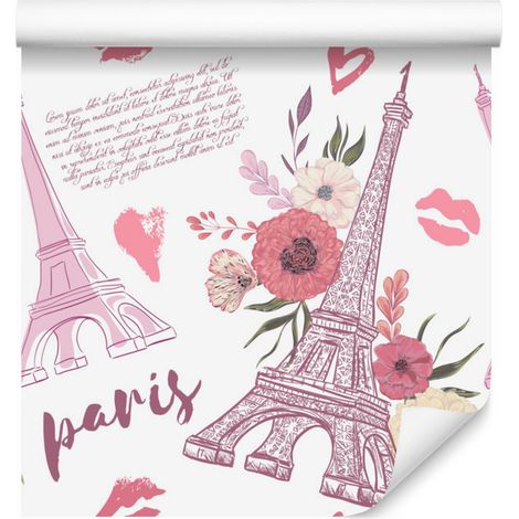 Papier peint Tour Eiffel avec fleurs et cœurs pour salon et chambre 50x1000 cm (1/5)