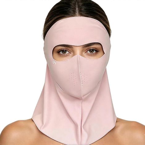 Masque de protection UV UPF 50+ respirant, évacuation transpiration, élastique cou/oreilles, protection visage rose pour moto et vélo (1/5)