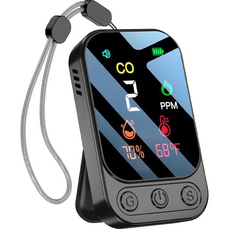 Wiederaufladbarer Kohlenmonoxidmelder, tragbarer 3-in-1-CO-Alarm (Kohlenmonoxid, Temperatur, Luftfeuchtigkeit), für Zuhause, Camping und Wohnwagen (Schwarz)