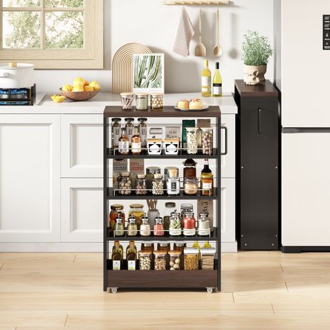 Carrito de cocina 55x20x85 cm negro y marrón – 4 estantes regulables con ruedas, MDF, MEUBLIV (1/5)
