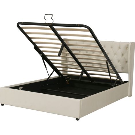 Letto matrimoniale imbottito beige 180x200 cm in velluto con rete, contenitore idraulico (1/5)