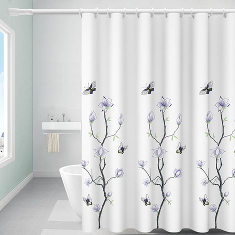 Bath Rideau de Douche Fleur Blanche, 200cm (L) × 180cm (L) Tissu Rideau de Douche en Polyester avec Crochets Grommet, Machine résistante à l'eau Lavable (1/5)