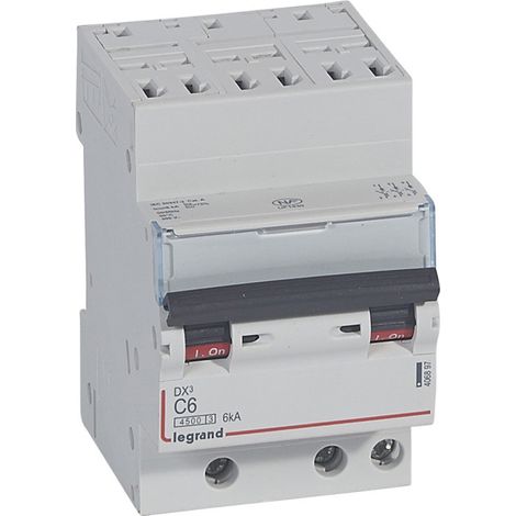 Disjoncteur DNX4500 6kA arrivée borne automatique sortie borne à vis tripolaire 400V 6A courbe C 1 module (406897)