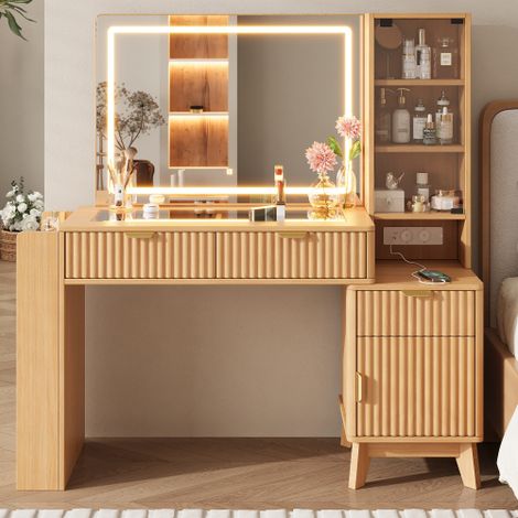 Coiffeuse L133 × H136 × P40 cm,coiffeuse bois,avec miroir LED,2 prises,port USB et Type-C,rangement latéral ouvert,3 tiroirs,1 porte de placard et trois étagères en verre,Naturelle (1/4)