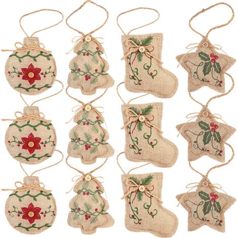 Set mit 12 Jute-Weihnachtsdekorationen, 3 x 4 Formen, Weihnachtsstrümpfe, Kugeln und Sterne, hängende Weihnachtsdekorationen für Partys (1/5)