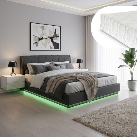 LED Polsterbett Tröstiar mit Matratze 180x200cm Schwarz [en.casa]