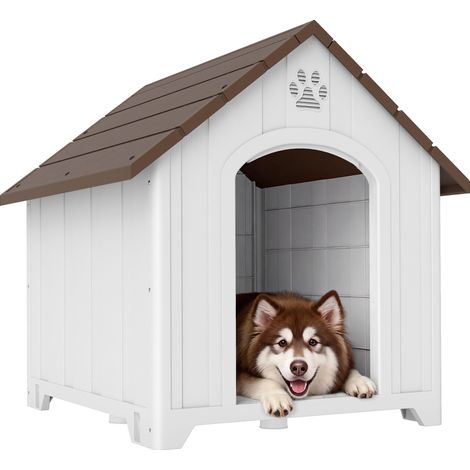PawHut caseta para perros exterior, casa para perros grandes de plástico impermeable 2 ventanas, base elevada, estacas, 102x94x103 cm, marrón oscuro