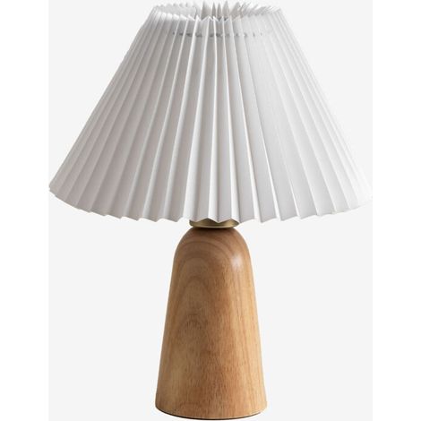 – Lampe à poser en bois de caoutchouc – Abat-jour plissé en coton – Culot E27 – Hauteur 35 cm – Pour salon et chambre (1/5)